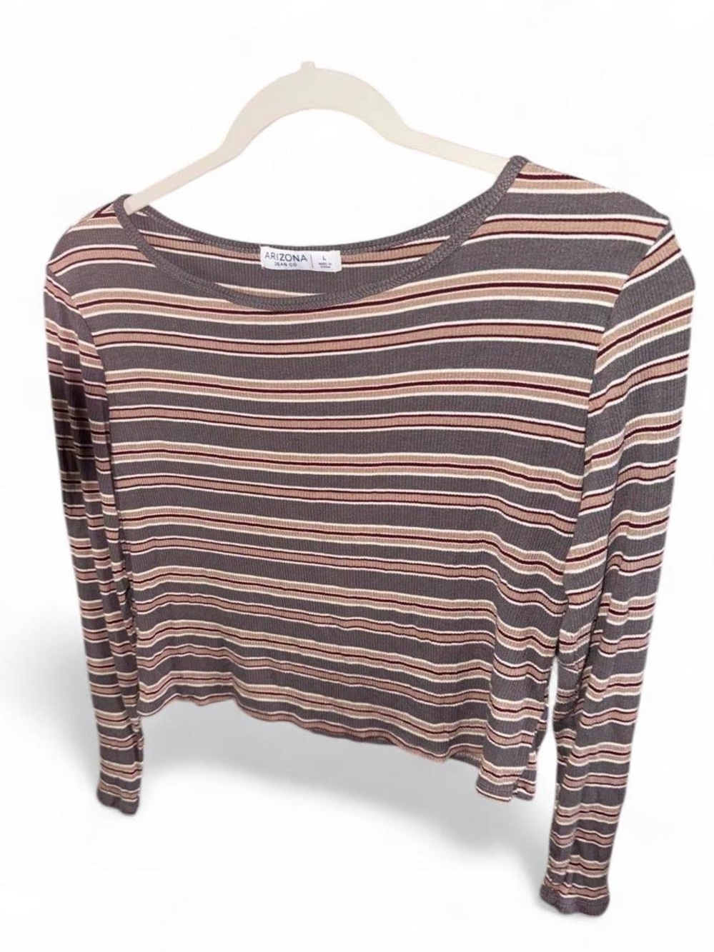 Arizona Jean Company Grey, Cream & Red Striped Long-Sleeve Top